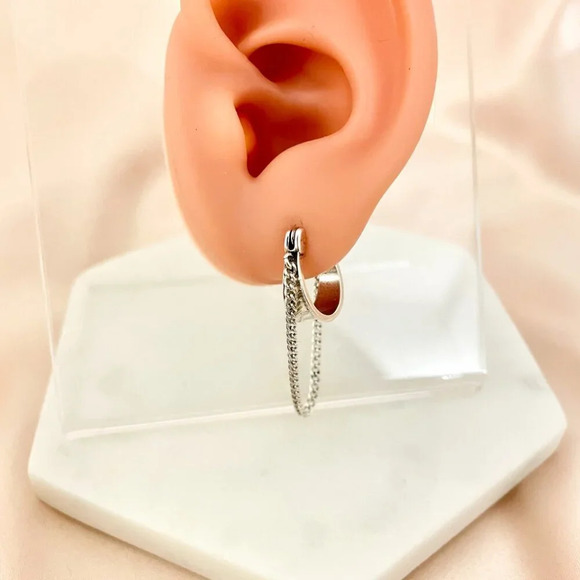 925 Sterling Silver Dangle Chain Hoop Earrings Small Hoops Huggie Earrings - Picture 3 of 4